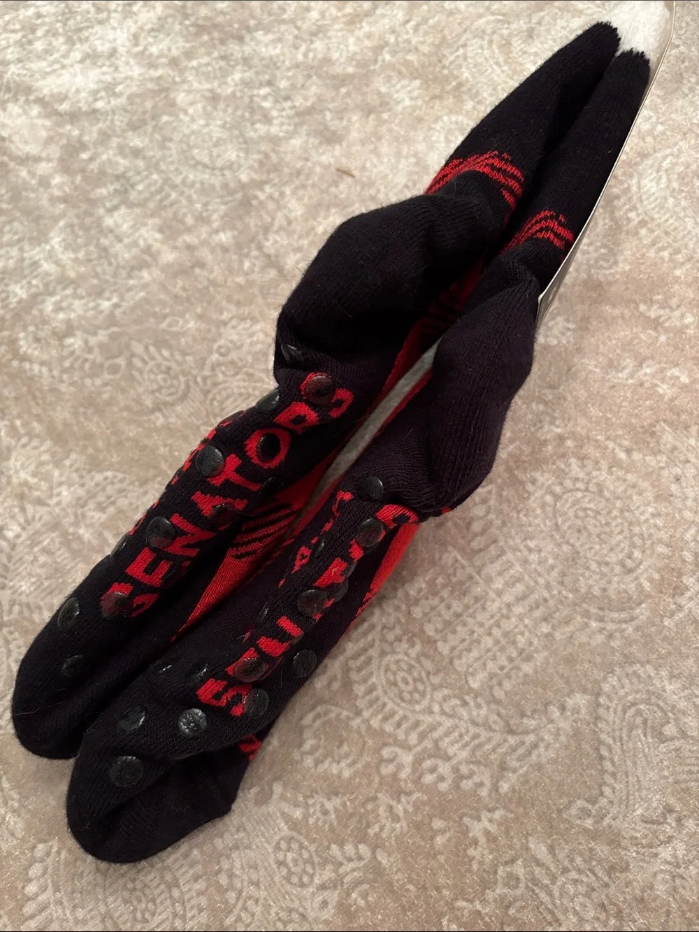 Brand New For Bare Feet Ottawa Senators NHL Grip Socks Black & Red Buffalo Plaid